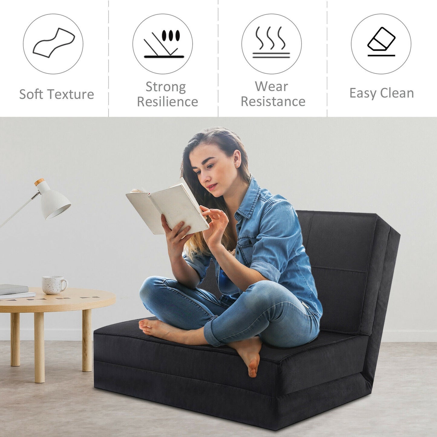 Convertible Lounger Folding Sofa Sleeper Bed, Black Floor Chairs at Gallery Canada