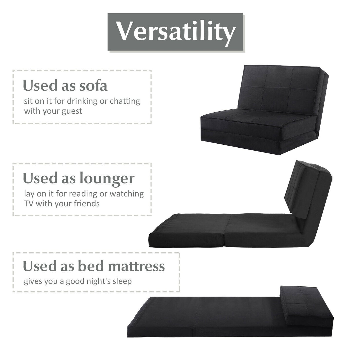 Convertible Lounger Folding Sofa Sleeper Bed, Black Floor Chairs at Gallery Canada