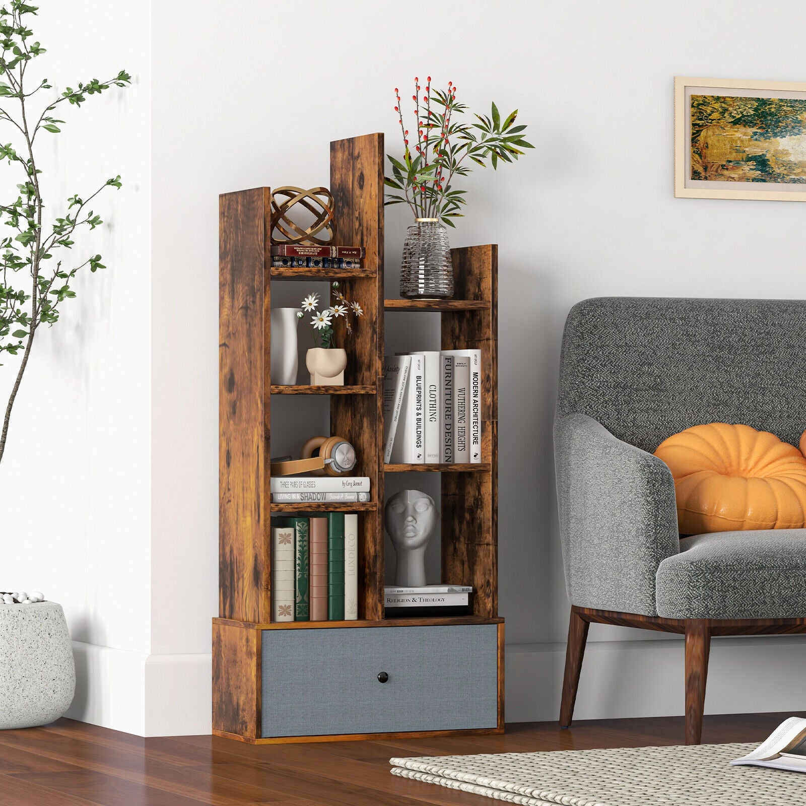 7-Tier Open-Back Bookshelf With Drawer, Rustic Brown Bookcases at Gallery Canada