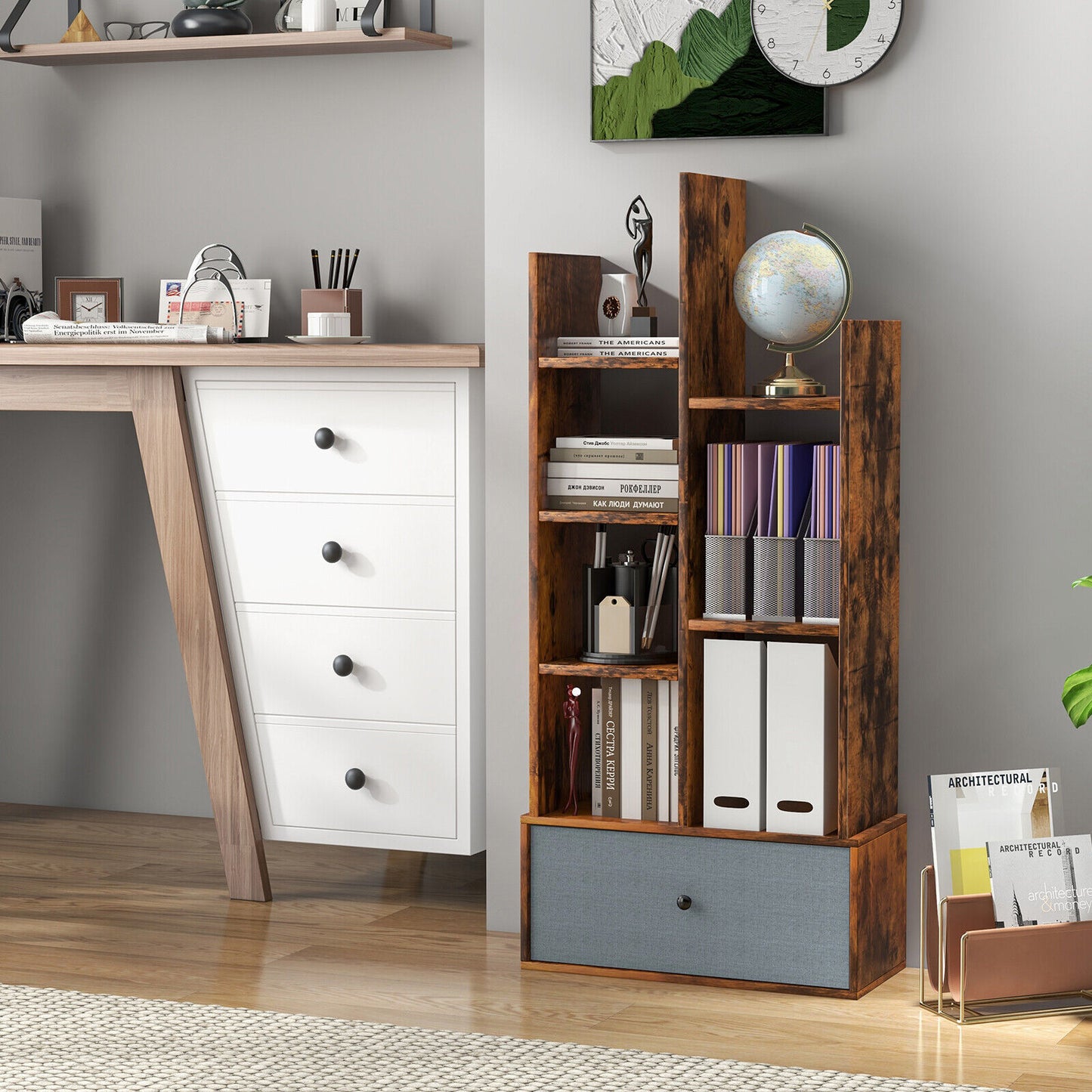 7-Tier Open-Back Bookshelf With Drawer, Rustic Brown Bookcases at Gallery Canada