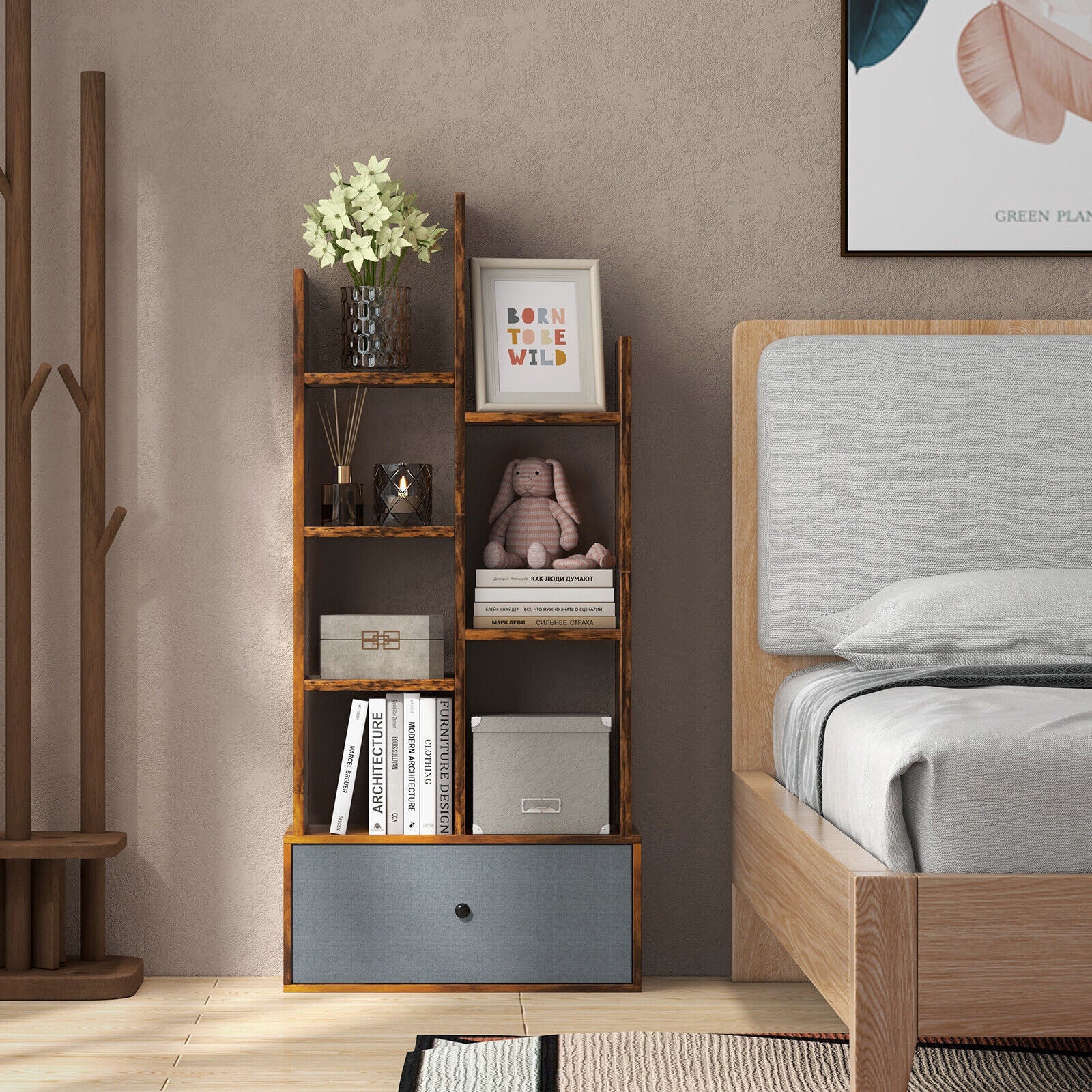 7-Tier Open-Back Bookshelf With Drawer, Rustic Brown Bookcases at Gallery Canada