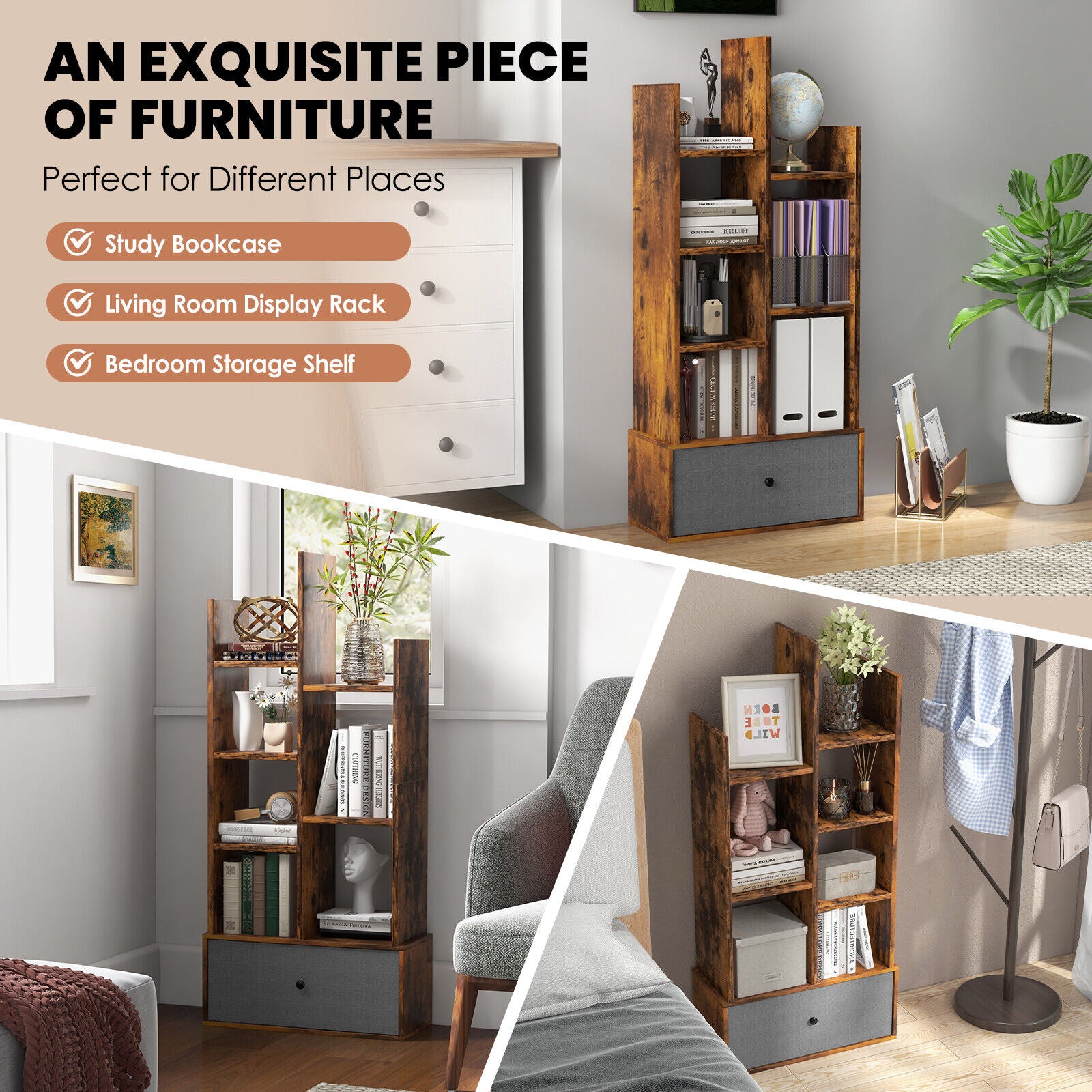 7-Tier Open-Back Bookshelf With Drawer, Rustic Brown Bookcases at Gallery Canada
