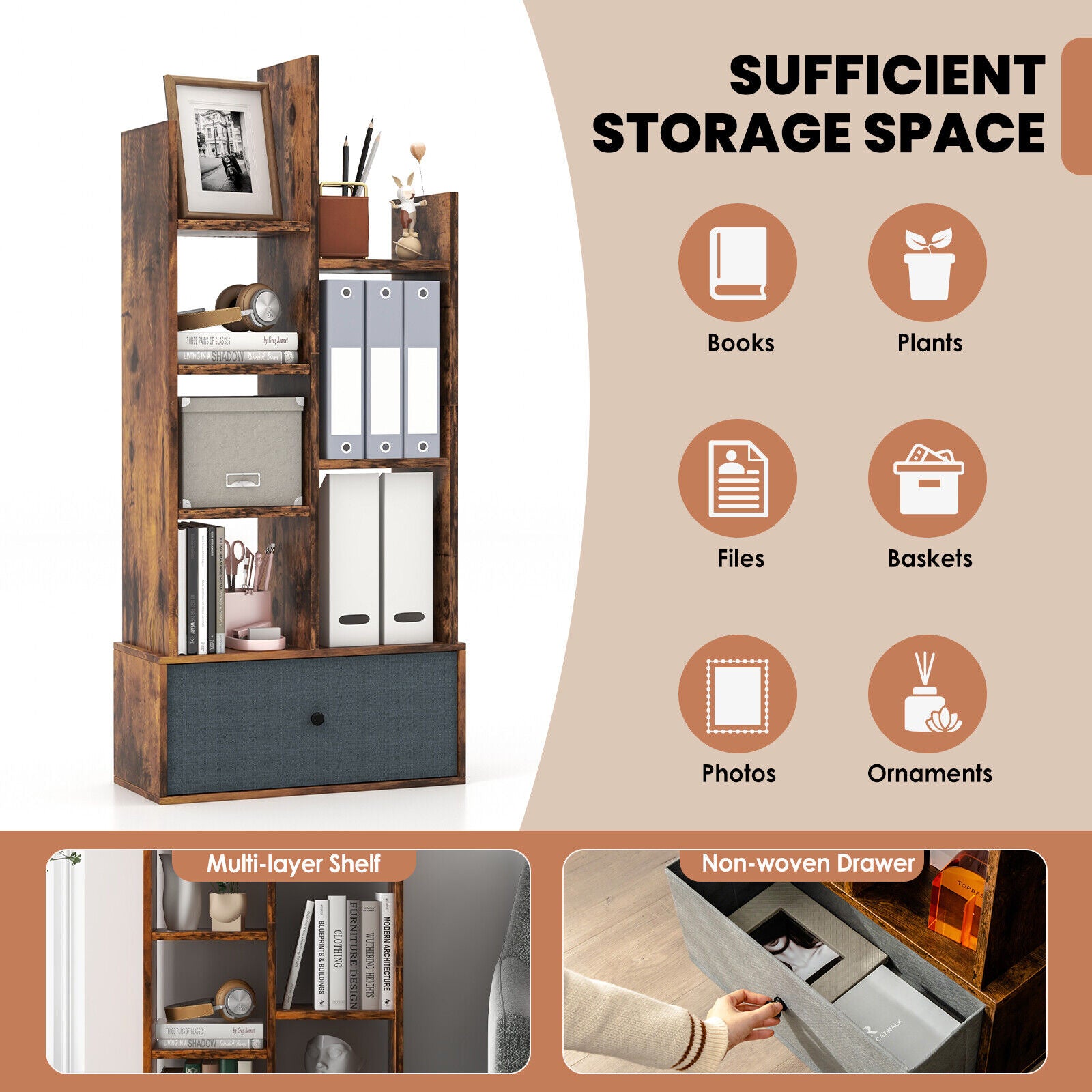 7-Tier Open-Back Bookshelf With Drawer, Rustic Brown Bookcases at Gallery Canada