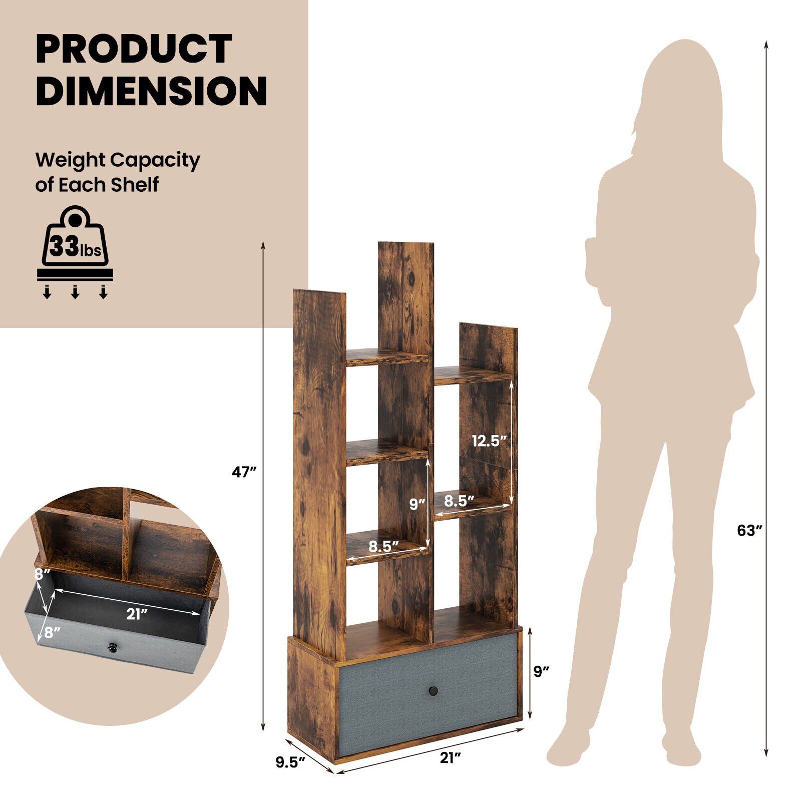 7-Tier Open-Back Bookshelf With Drawer, Rustic Brown Bookcases at Gallery Canada