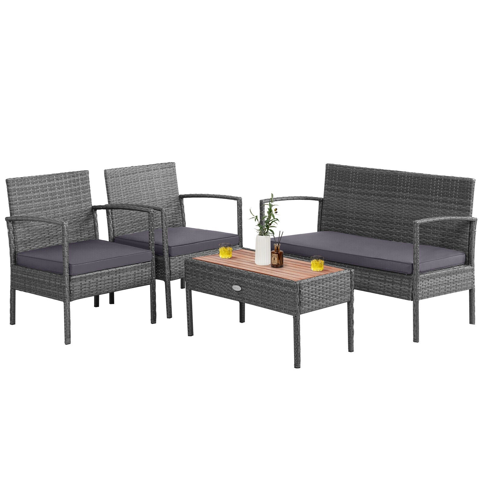 4 Pieces Rattan Patio Conversation Furniture Set with Acacia Wood Tabletop, Gray Patio Conversation Sets at Gallery Canada