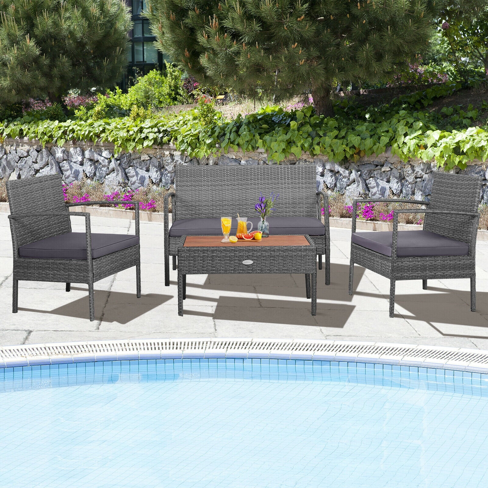 4 Pieces Rattan Patio Conversation Furniture Set with Acacia Wood Tabletop, Gray Patio Conversation Sets at Gallery Canada