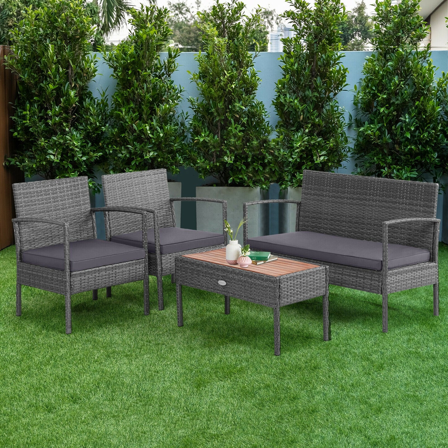 4 Pieces Rattan Patio Conversation Furniture Set with Acacia Wood Tabletop, Gray Patio Conversation Sets at Gallery Canada