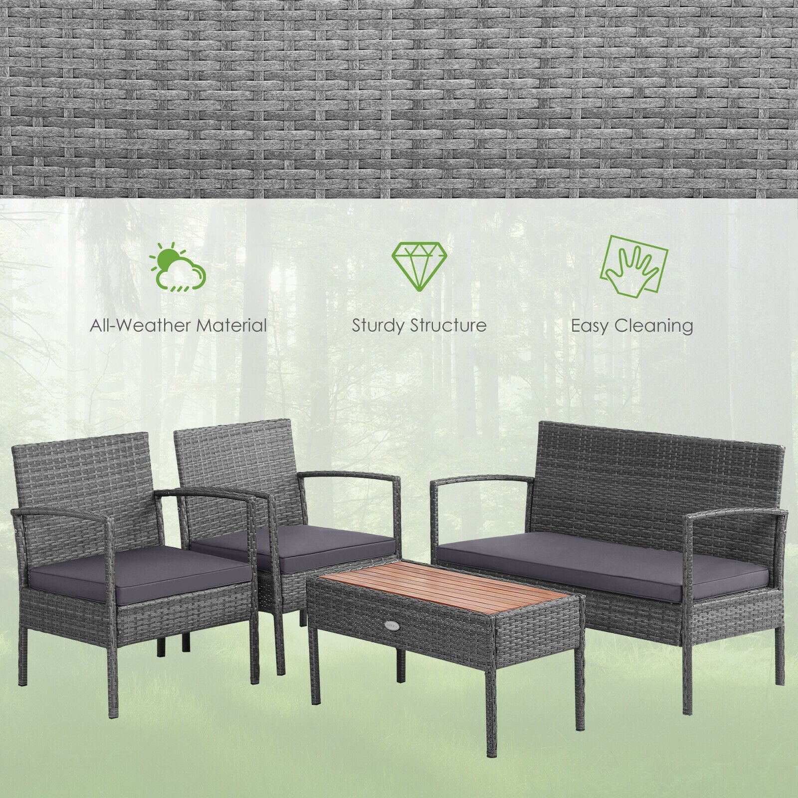 4 Pieces Rattan Patio Conversation Furniture Set with Acacia Wood Tabletop, Gray Patio Conversation Sets at Gallery Canada