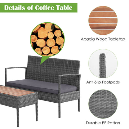 4 Pieces Rattan Patio Conversation Furniture Set with Acacia Wood Tabletop, Gray Patio Conversation Sets at Gallery Canada