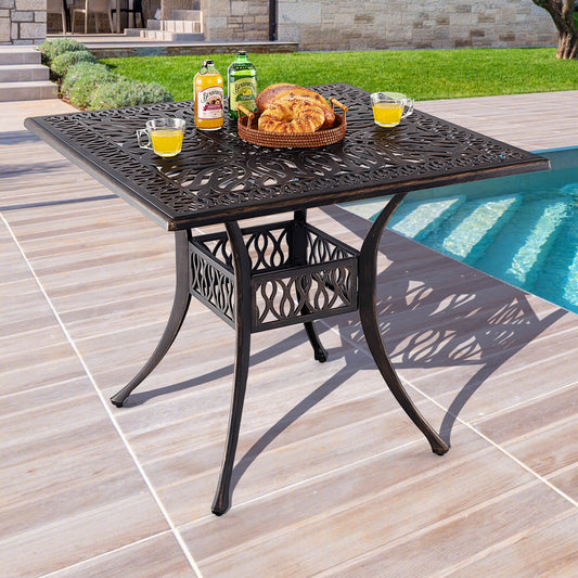 35.4 Inch Aluminum Patio Square Dining Table with Umbrella Hole, Bronze - Gallery Canada