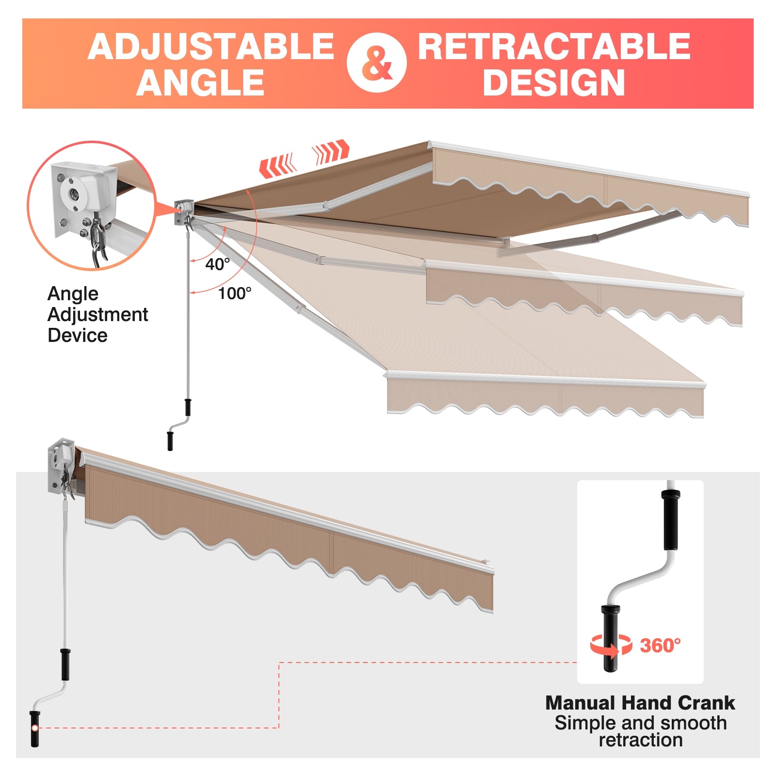 10 x 8.2 Feet Retractable Awning, Manual Crank Handle, Beige Canopies at Gallery Canada