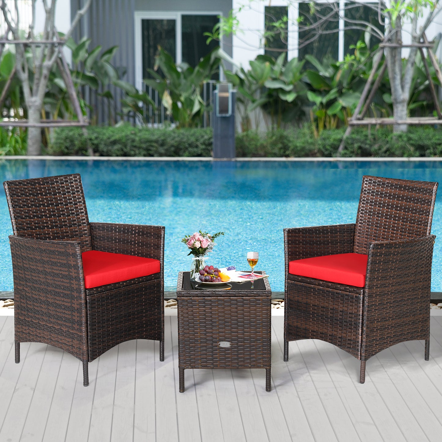 3Pcs Patio Rattan Furniture Set Cushioned Sofa and Glass Tabletop Deck, Red Patio Conversation Sets at Gallery Canada