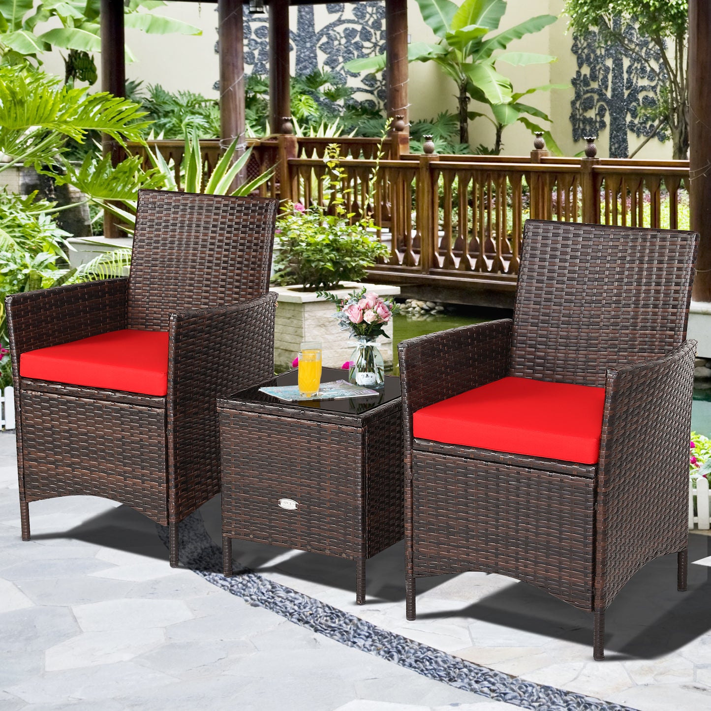 3Pcs Patio Rattan Furniture Set Cushioned Sofa and Glass Tabletop Deck, Red Patio Conversation Sets at Gallery Canada