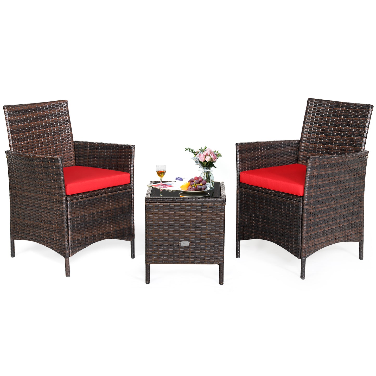 3Pcs Patio Rattan Furniture Set Cushioned Sofa and Glass Tabletop Deck, Red Patio Conversation Sets Red at Gallery Canada