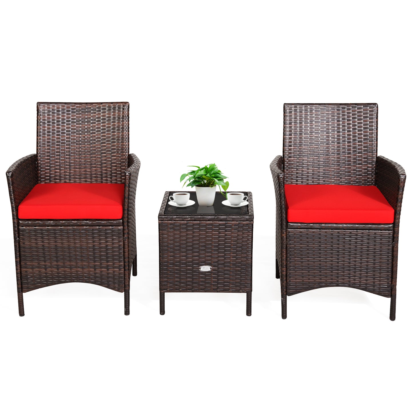3Pcs Patio Rattan Furniture Set Cushioned Sofa and Glass Tabletop Deck, Red Patio Conversation Sets at Gallery Canada