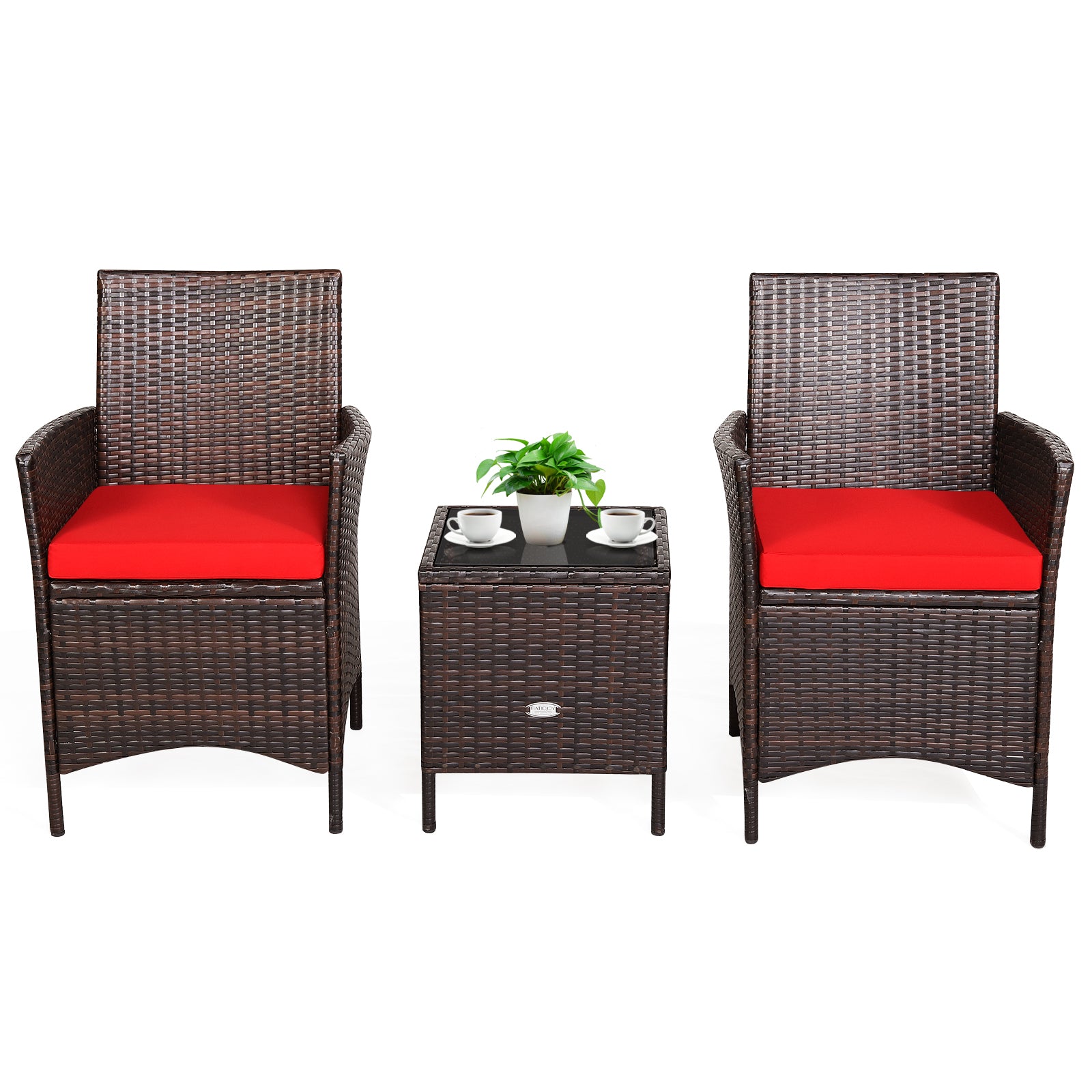 3Pcs Patio Rattan Furniture Set Cushioned Sofa and Glass Tabletop Deck, Red Patio Conversation Sets at Gallery Canada