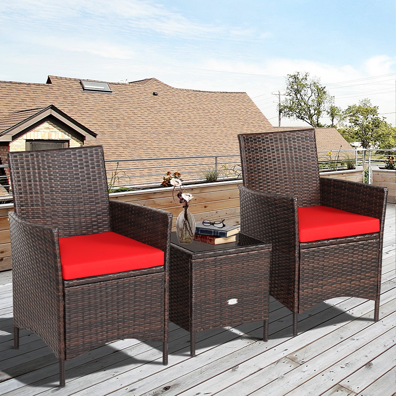 3Pcs Patio Rattan Furniture Set Cushioned Sofa and Glass Tabletop Deck, Red Patio Conversation Sets at Gallery Canada