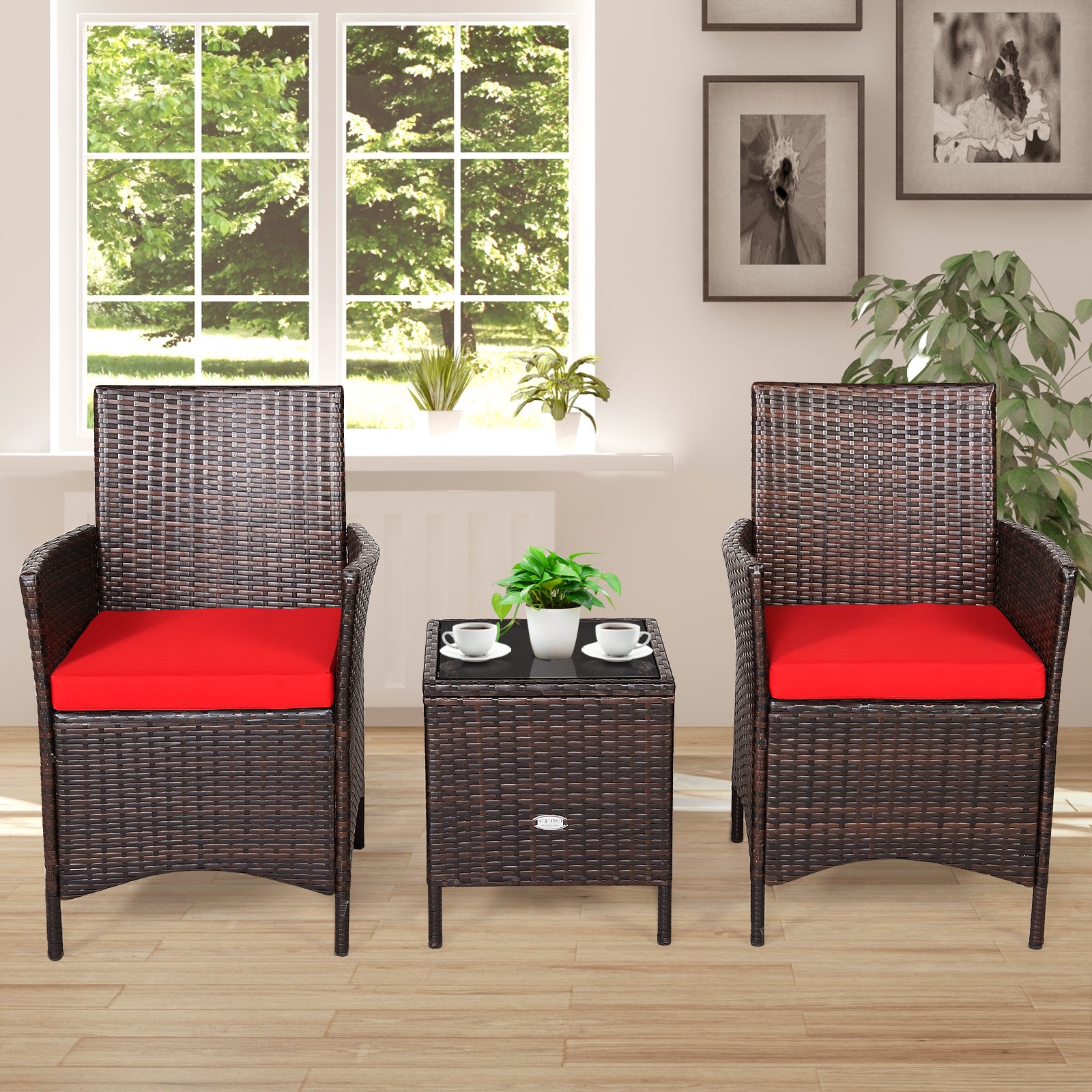 3Pcs Patio Rattan Furniture Set Cushioned Sofa and Glass Tabletop Deck, Red Patio Conversation Sets at Gallery Canada