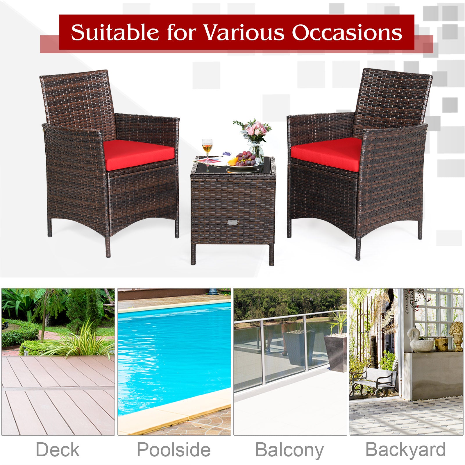 3Pcs Patio Rattan Furniture Set Cushioned Sofa and Glass Tabletop Deck, Red Patio Conversation Sets at Gallery Canada