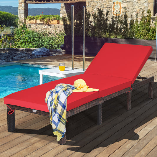 Outdoor Rattan Adjustable Cushioned Chaise, Red Outdoor Chaise Lounges Red at Gallery Canada