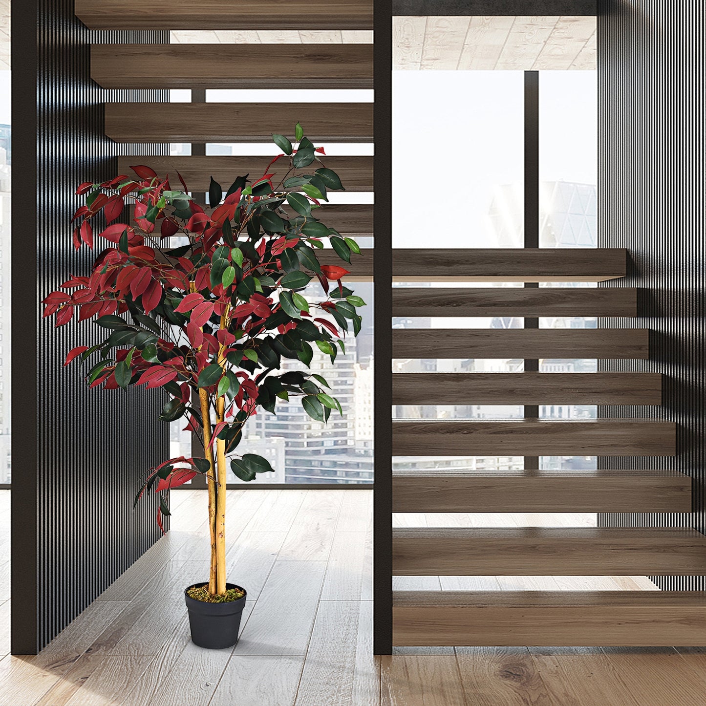 4 Ft Artificial Ficus Tree, Nursery Pot, Red