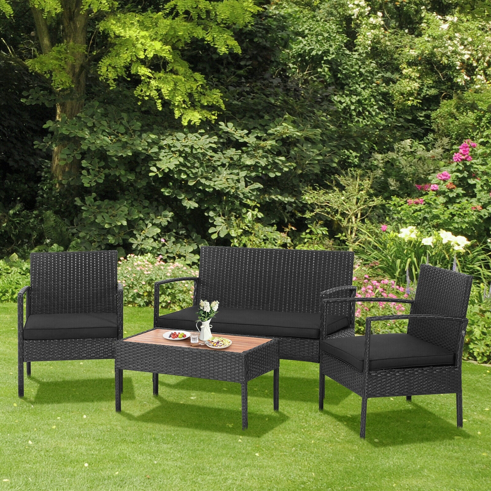 4 Pieces Patio Rattan Cushioned Furniture Set with Wooden Tabletop, Black Patio Conversation Sets at Gallery Canada