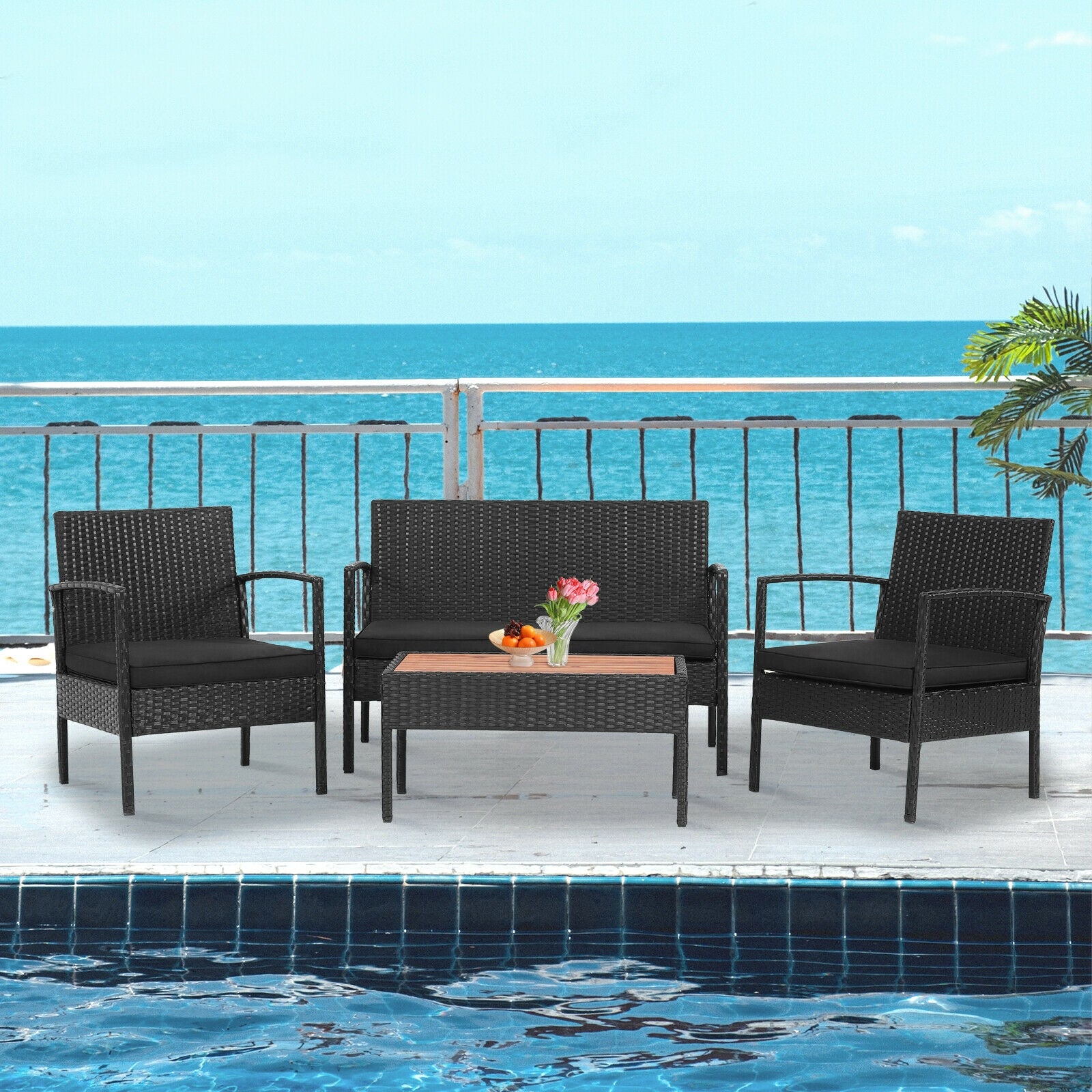 4 Piece Patio Rattan Cushioned Furniture Set, Wooden Tabletop, Black Patio Conversation Sets at Gallery Canada