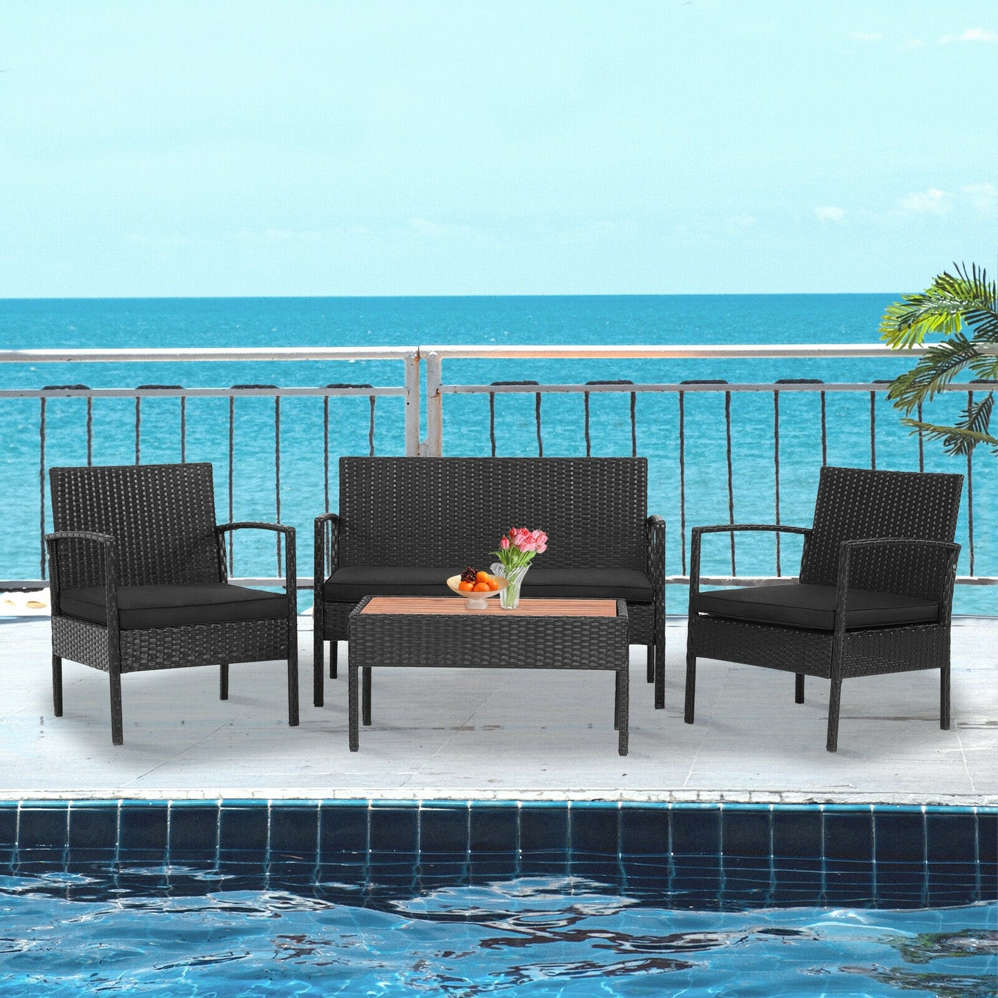 4 Piece Patio Rattan Cushioned Furniture Set, Wooden Tabletop, Black Patio Conversation Sets at Gallery Canada