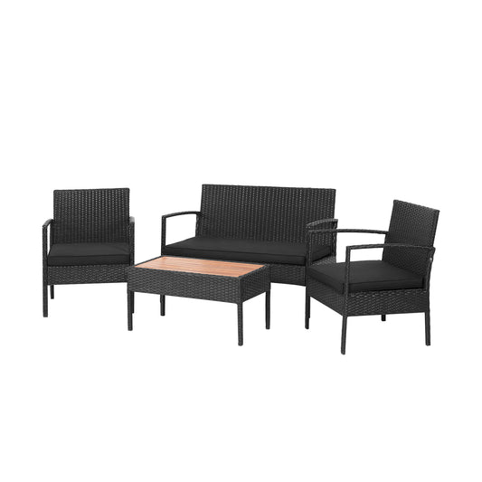 4 Piece Patio Rattan Cushioned Furniture Set, Wooden Tabletop, Black Patio Conversation Sets Black at Gallery Canada