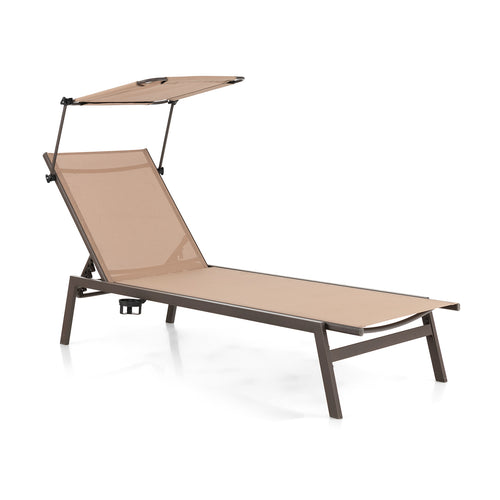 Outdoor Chaise Lounge Chair, Sunshade, 6 Adjustable Positions, Brown