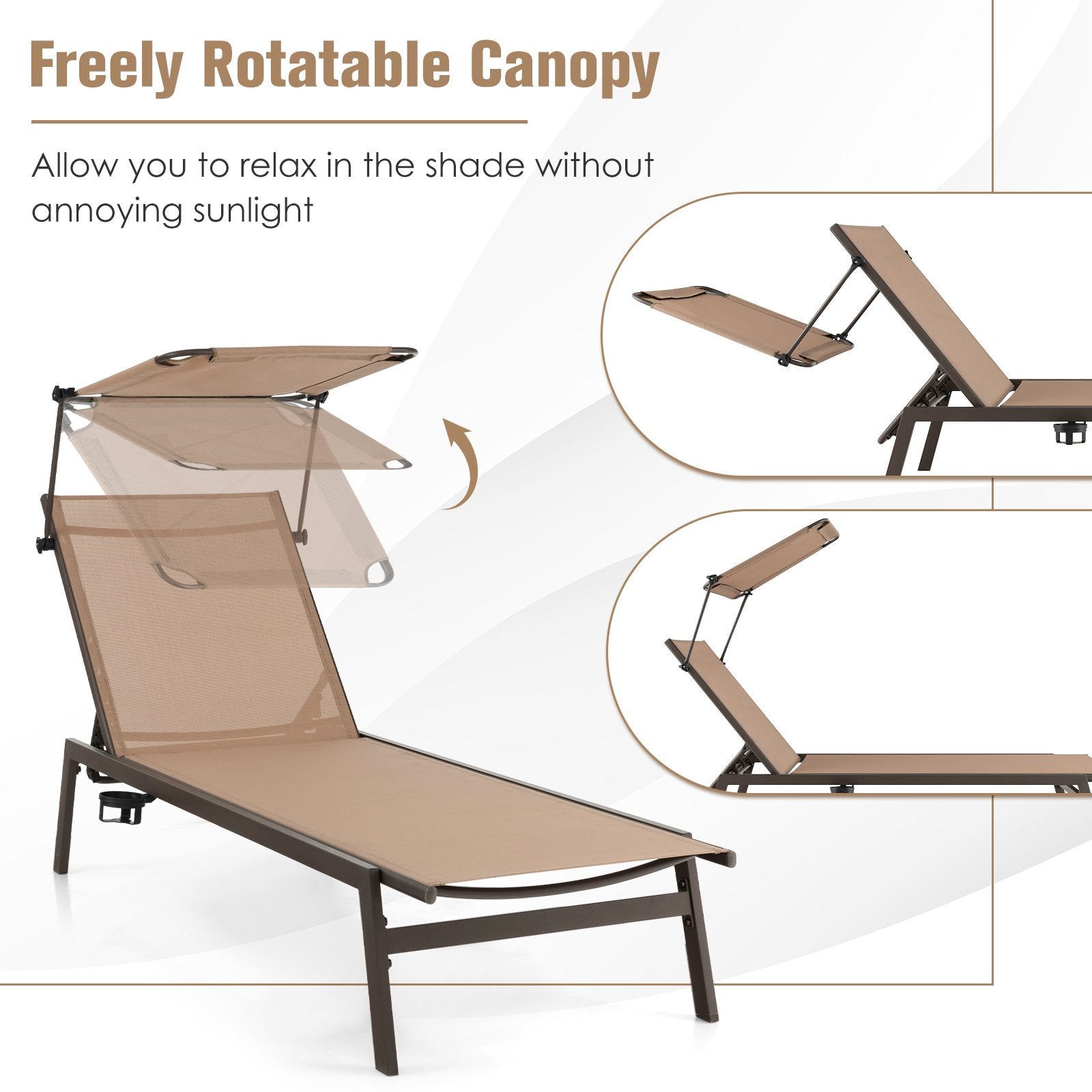 Outdoor Chaise Lounge Chair with Sunshade and 6 Adjustable Position, Brown - Gallery Canada