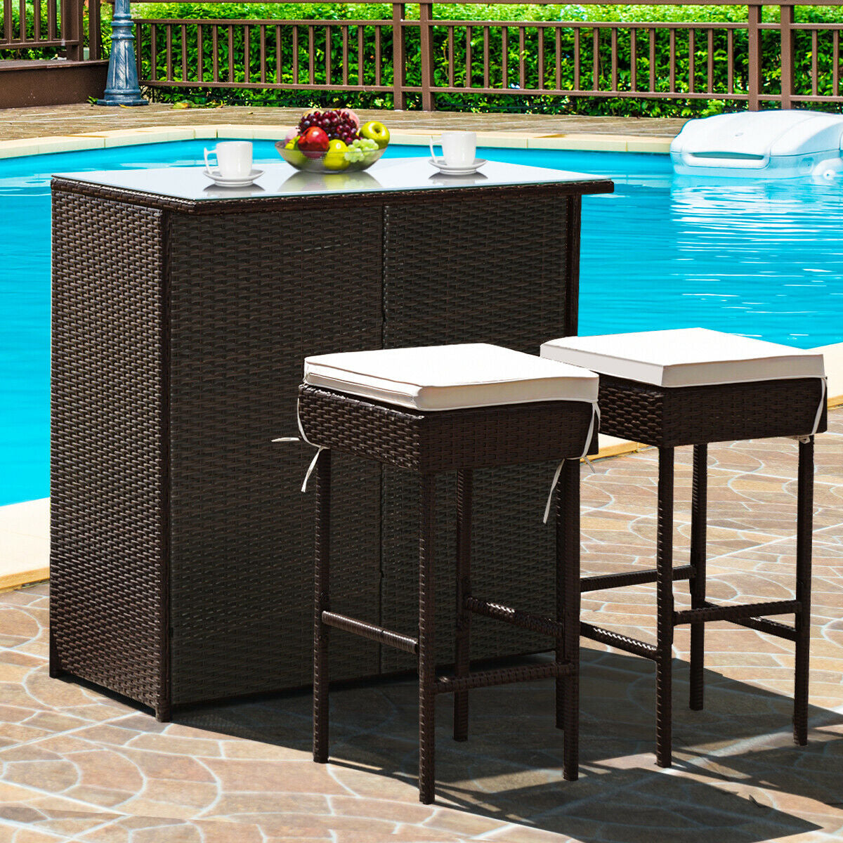 3 Pieces Patio Rattan Wicker Bar Table Stools Dining Set, Beige Patio Bar Furniture at Gallery Canada