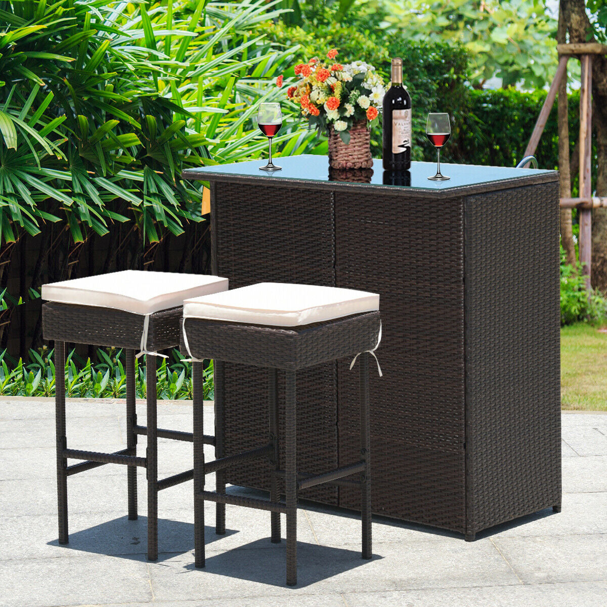 3 Pieces Patio Rattan Wicker Bar Table Stools Dining Set, Beige Patio Bar Furniture at Gallery Canada