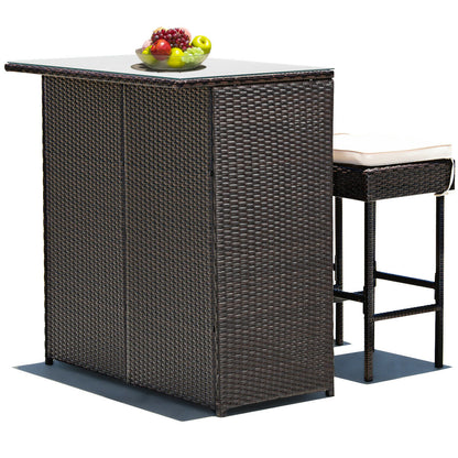 3 Pieces Patio Rattan Wicker Bar Table Stools Dining Set, Beige Patio Bar Furniture at Gallery Canada