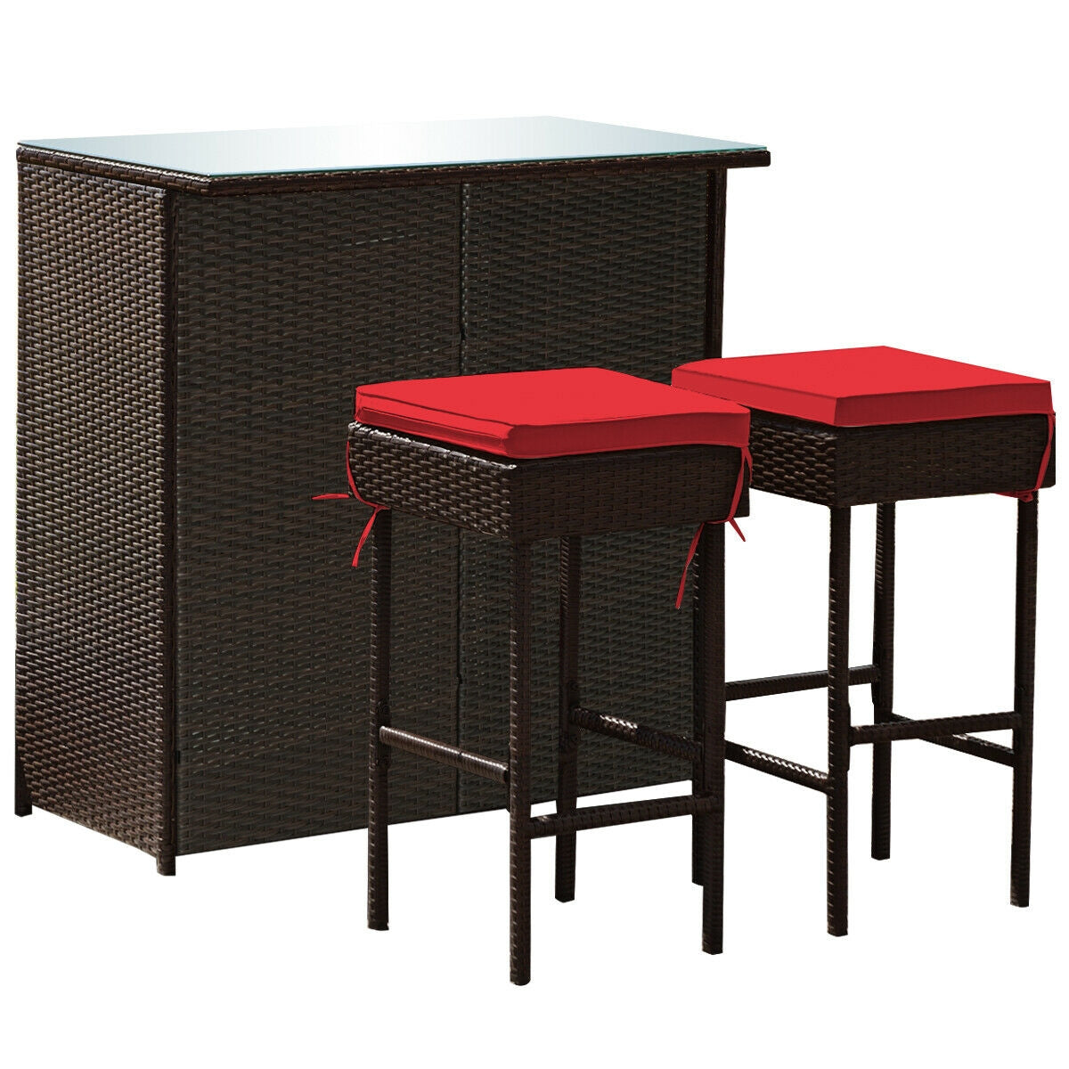 3 Piece Rattan Bar Table Stools Set, Red