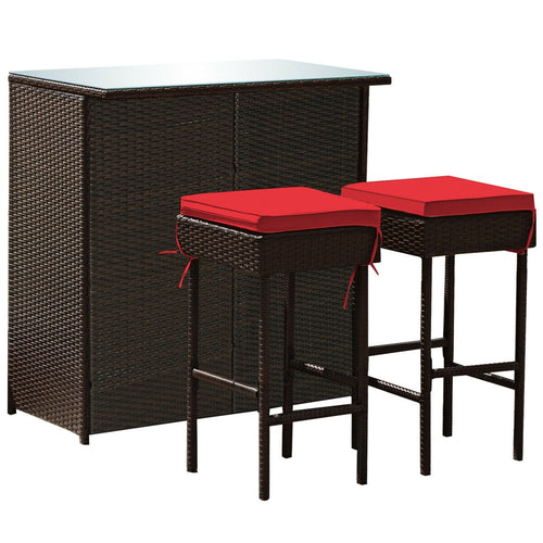 3 Piece Rattan Bar Table Stools Set, Red