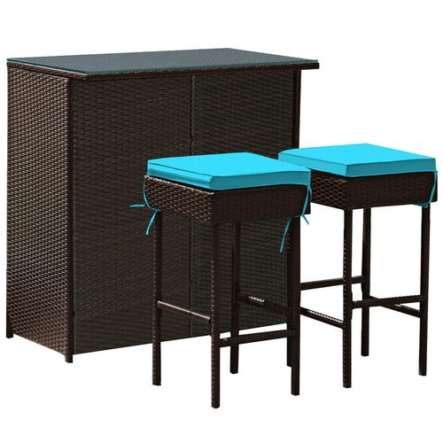 3-Piece Patio Rattan Bar Table Stools Set, Turquoise