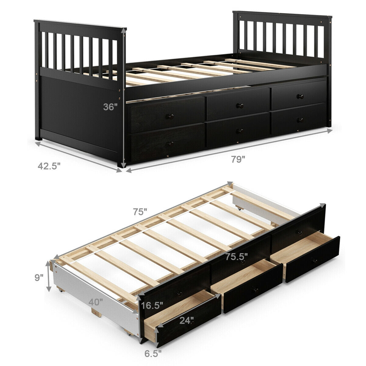 Twin Captain’s Bed with Trundle Bed with 3 Storage Drawers, Dark Brown Trundle Bed Frame at Gallery Canada