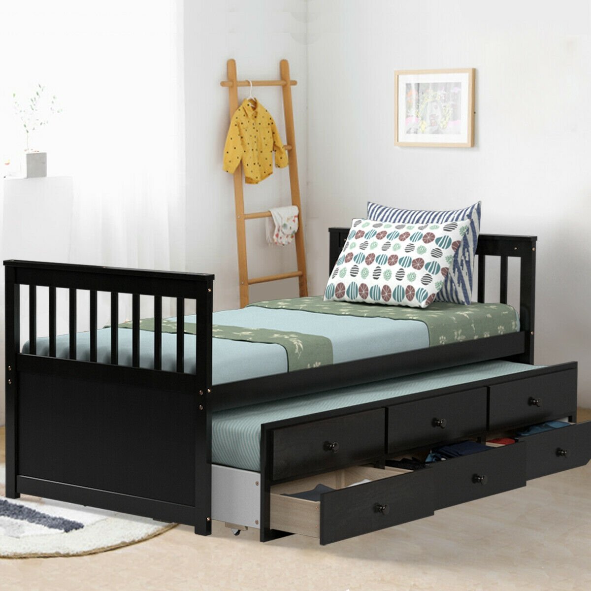 Twin Captain’s Bed with Trundle Bed with 3 Storage Drawers, Dark Brown Trundle Bed Frame at Gallery Canada