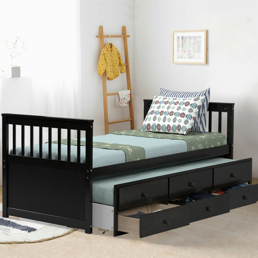 Twin Captain’s Bed with Trundle Bed with 3 Storage Drawers, Dark Brown - Gallery Canada