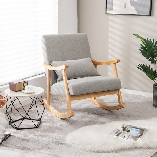 Upholstered Rocking Chair with Pillow and Rubber Wood Frame, Gray - Gallery Canada