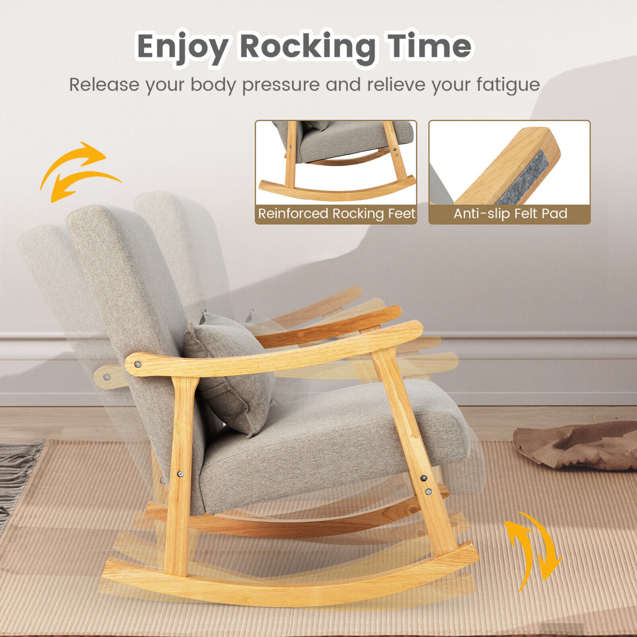 Upholstered Rocking Chair with Pillow and Rubber Wood Frame - Gallery View 5 of 9