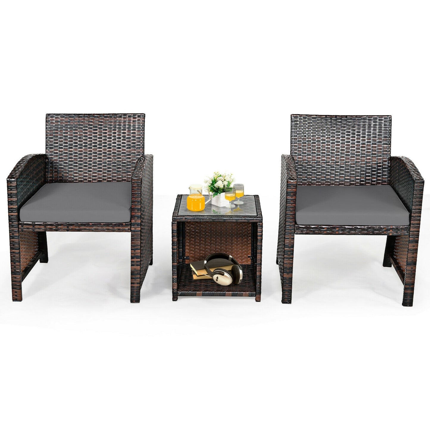 3 Pieces PE Rattan Wicker Furniture Set with Cushion Sofa Coffee Table for Garden, Gray Patio Conversation Sets at Gallery Canada