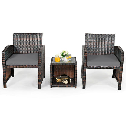 3 Pieces PE Rattan Wicker Furniture Set with Cushion Sofa Coffee Table for Garden, Gray Patio Conversation Sets at Gallery Canada