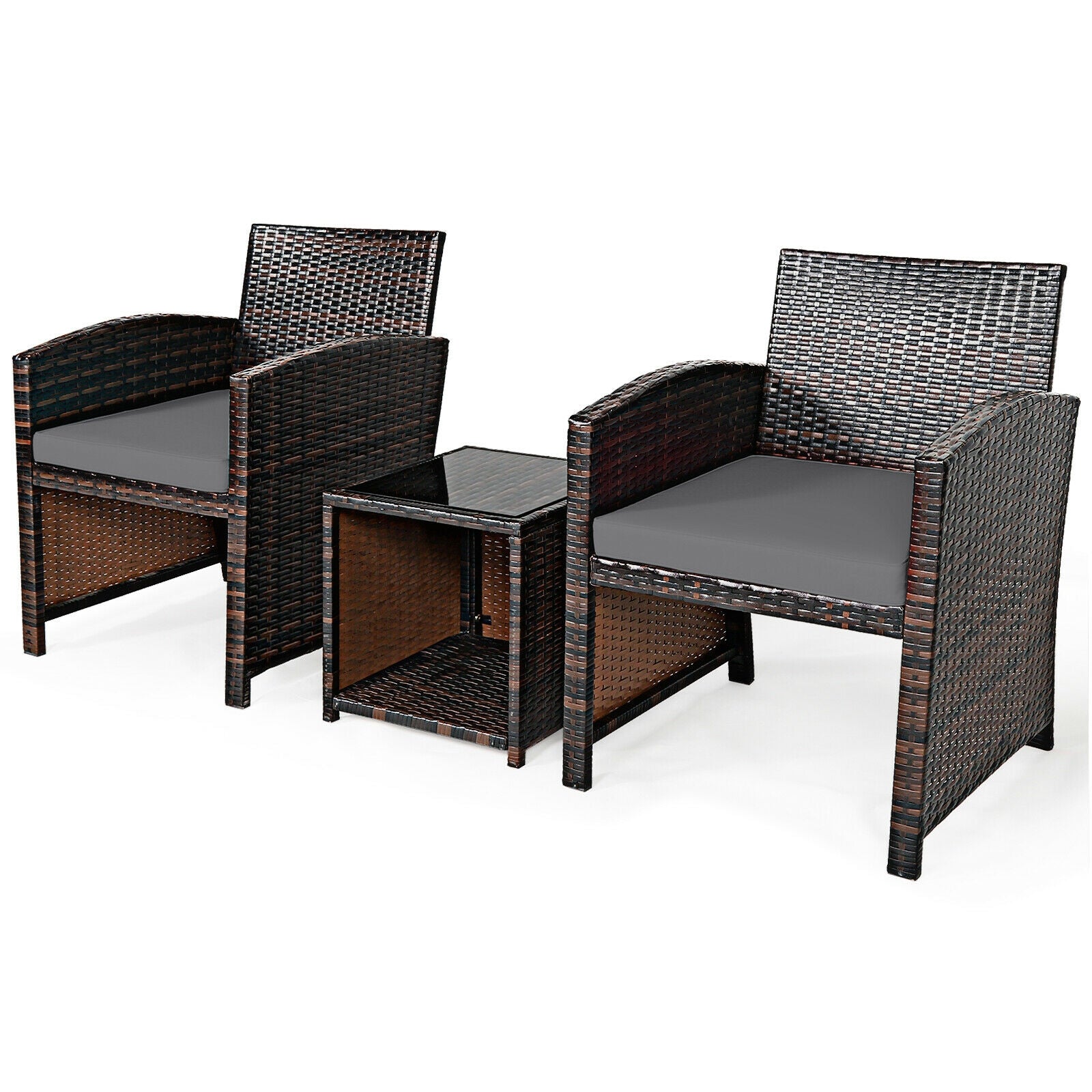 3 Pieces PE Rattan Wicker Furniture Set with Cushion Sofa Coffee Table for Garden, Gray Patio Conversation Sets at Gallery Canada