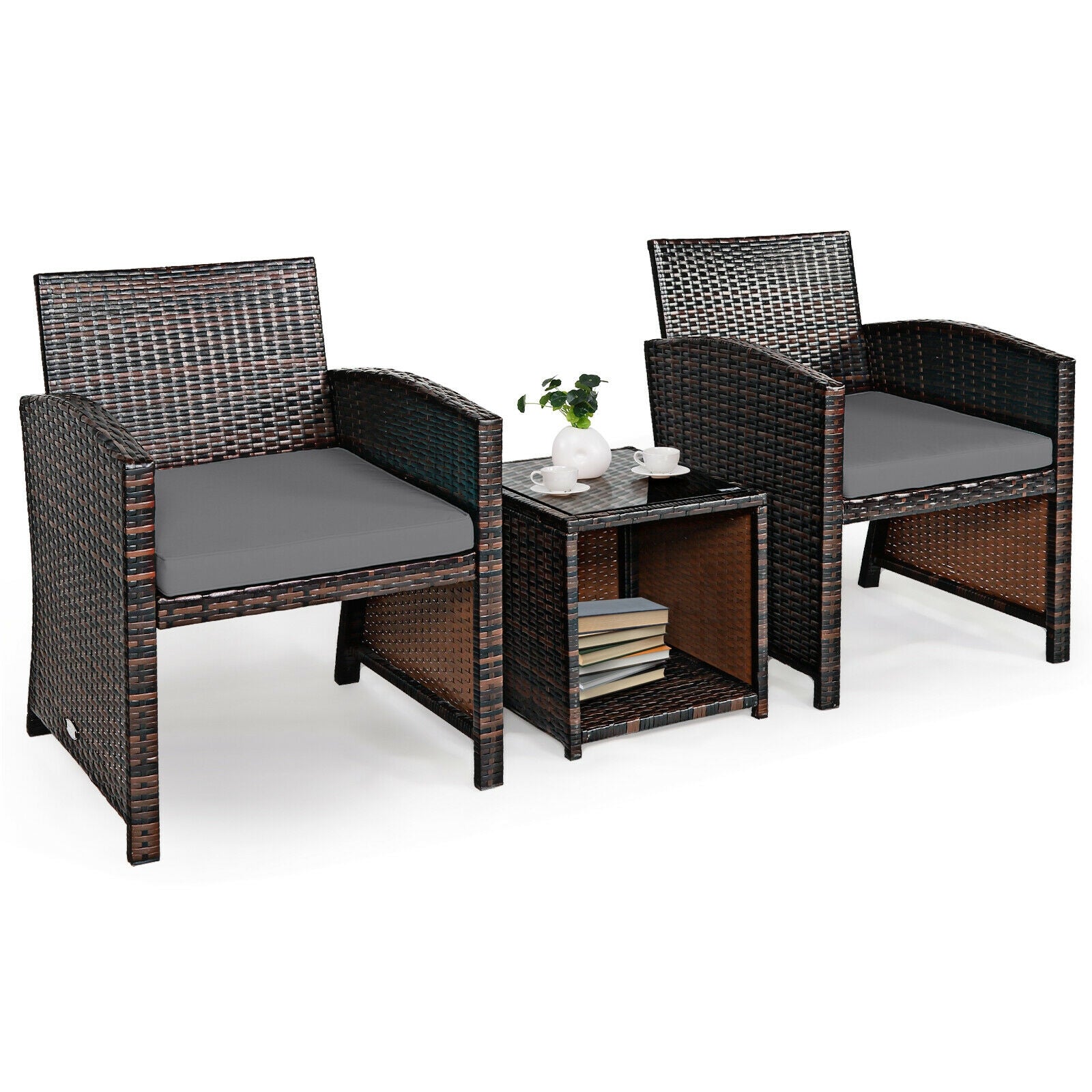 3 Pieces PE Rattan Wicker Furniture Set with Cushion Sofa Coffee Table for Garden, Gray Patio Conversation Sets at Gallery Canada