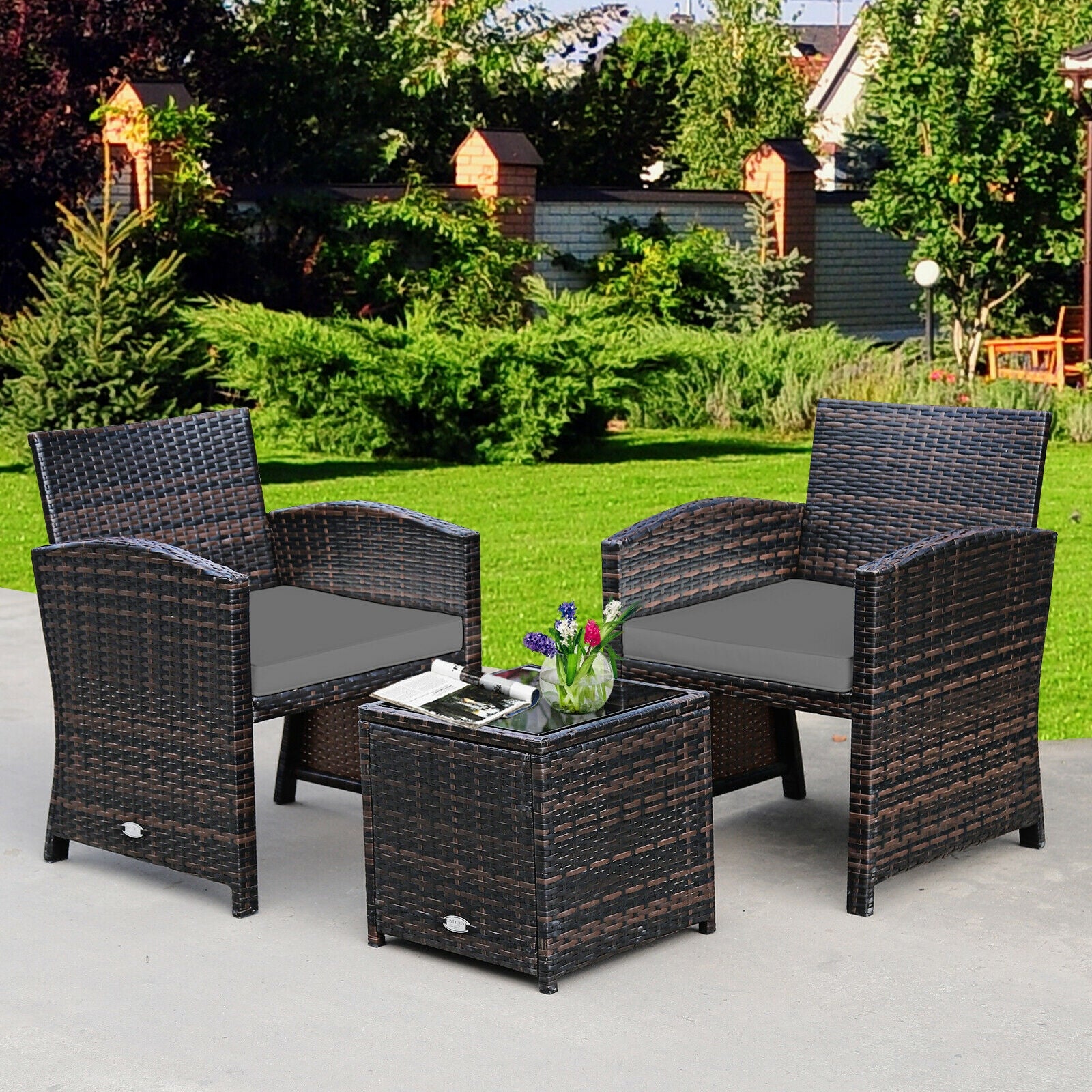 3 Pieces PE Rattan Wicker Furniture Set with Cushion Sofa Coffee Table for Garden, Gray Patio Conversation Sets at Gallery Canada