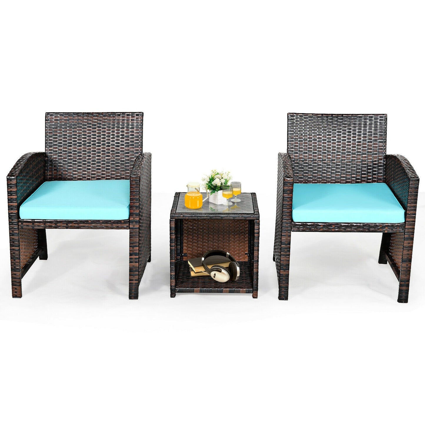 3 Pieces PE Rattan Wicker Furniture Set with Cushion Sofa Coffee Table for Garden, Turquoise Patio Conversation Sets at Gallery Canada
