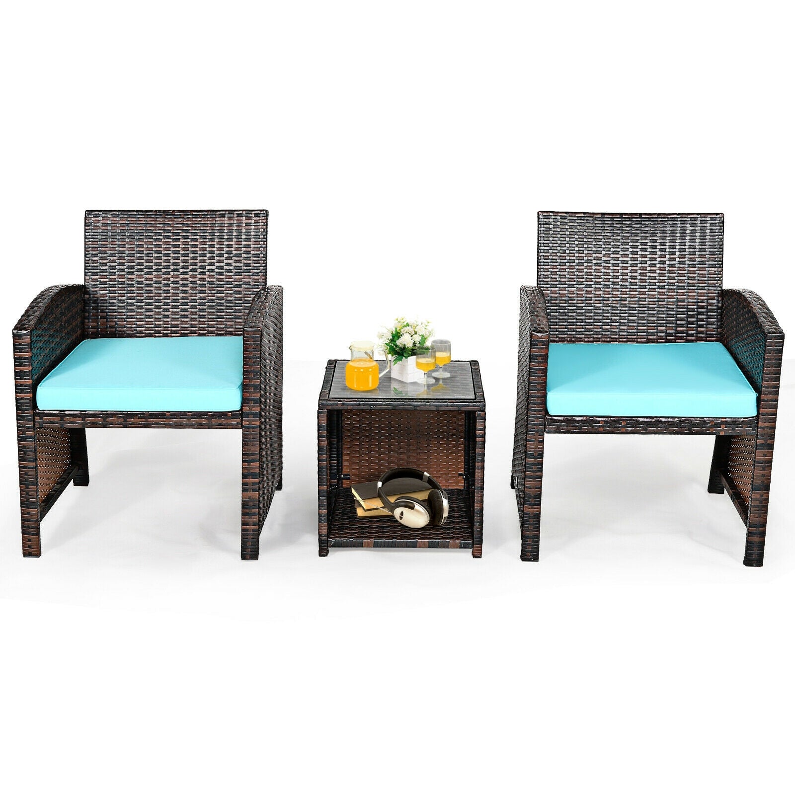3 Pieces PE Rattan Wicker Furniture Set with Cushion Sofa Coffee Table for Garden, Turquoise Patio Conversation Sets at Gallery Canada
