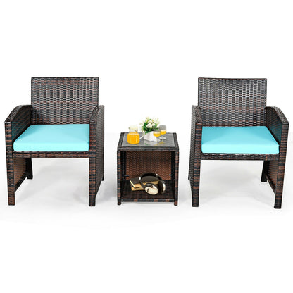 3 Pieces PE Rattan Wicker Furniture Set with Cushion Sofa Coffee Table for Garden, Turquoise Patio Conversation Sets at Gallery Canada